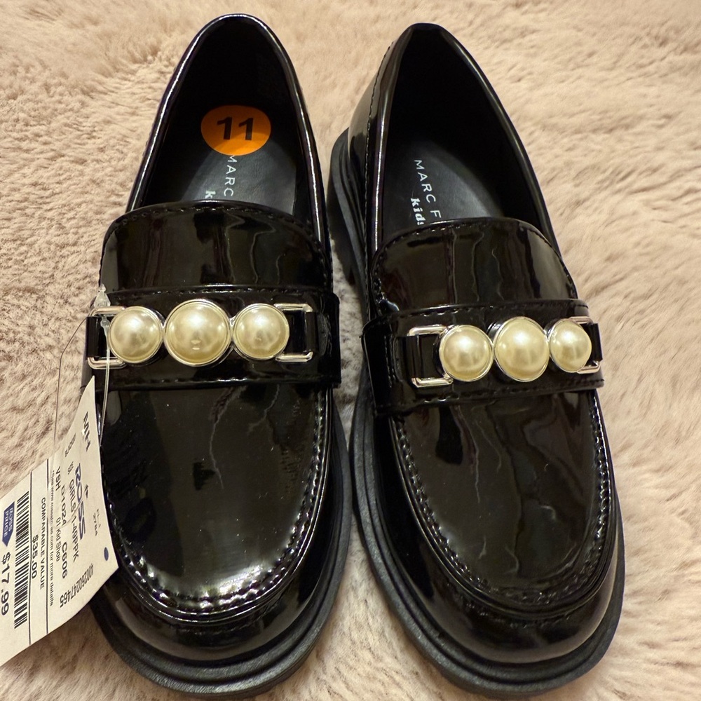 Marc Fisher Black Patent Loafers with Pearl Accents